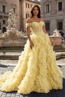 Yellow A Line Off the Shoulder Ruffled Tulle Prom Dress with Slit – Prom Dress by KissProm | Available at KissProm