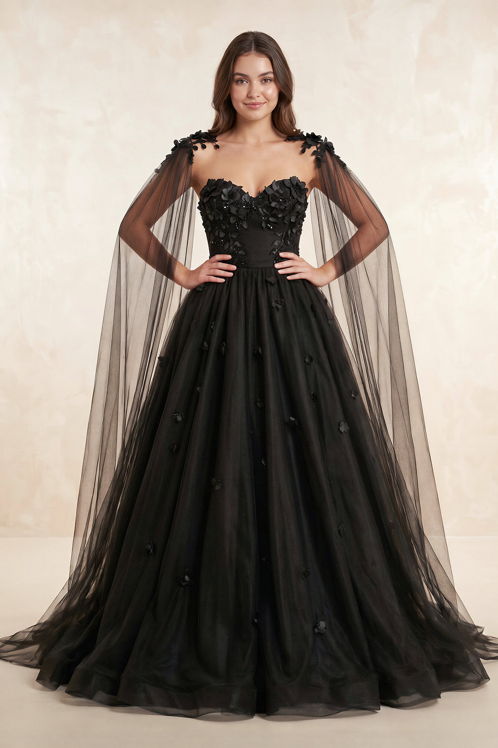 A-Line Black Gothic Wedding Dress 3D Flowers Tulle With Cape – Wedding Dress by KissProm | Available at KissProm