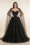 A-Line Black Gothic Wedding Dress 3D Flowers Tulle With Cape – Wedding Dress by KissProm | Available at KissProm