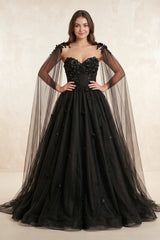 A-Line Black Gothic Wedding Dress 3D Flowers Tulle With Cape – Wedding Dress by KissProm | Available at KissProm