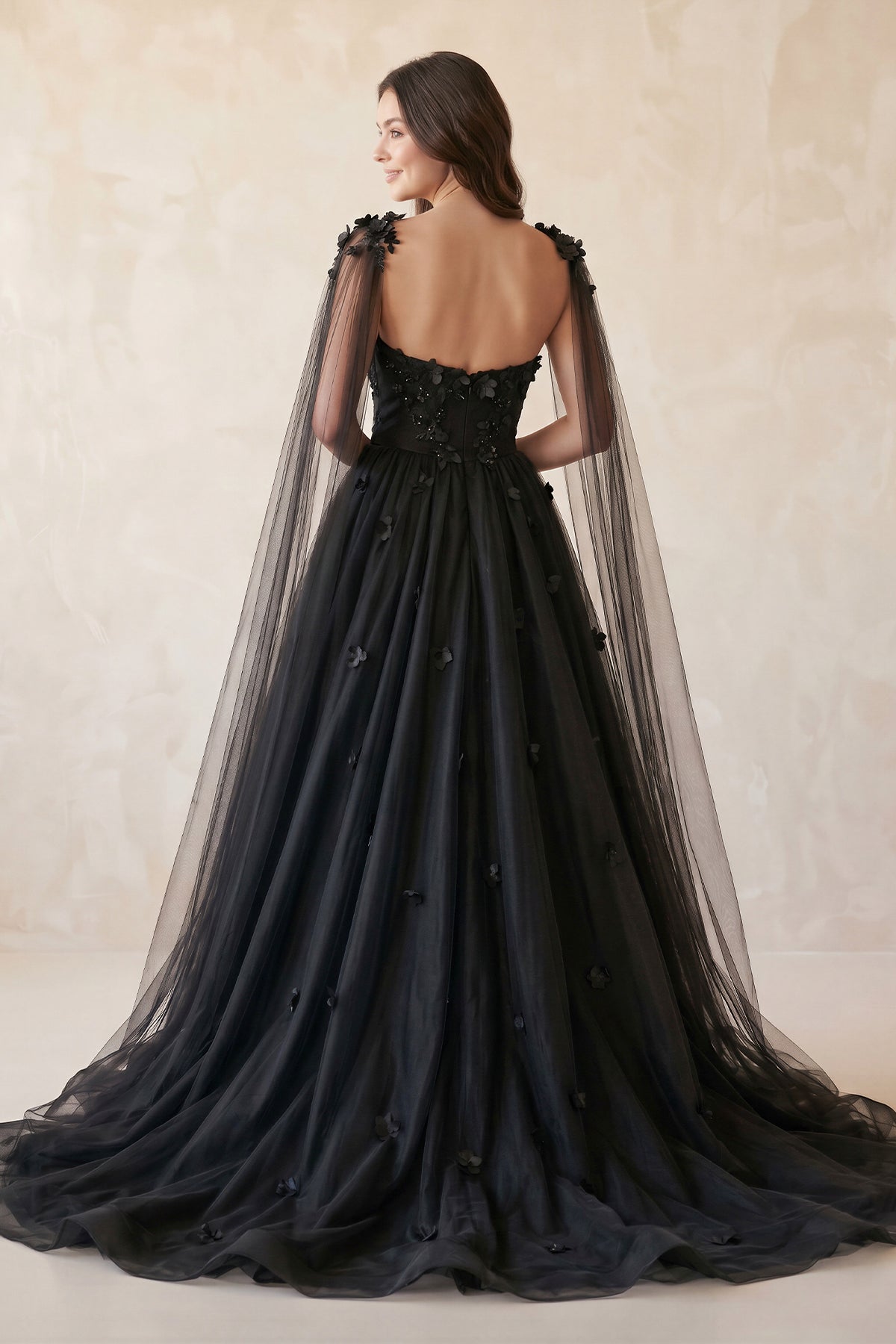 KissProm Gown Black Gothic Wedding Dress 3D Flowers Tulle With Cape, Black / 14