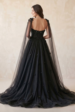 A-Line Black Gothic Wedding Dress 3D Flowers Tulle With Cape – Wedding Dress by KissProm | Available at KissProm