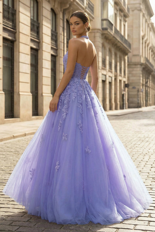 KissProm-Lilac Princess Halter Long/Floor-Length Lace Tulle Prom Dress With Appliqued Beading