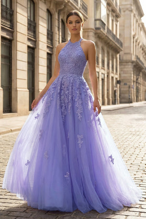 KissProm-Lilac Princess Halter Long/Floor-Length Lace Tulle Prom Dress With Appliqued Beading
