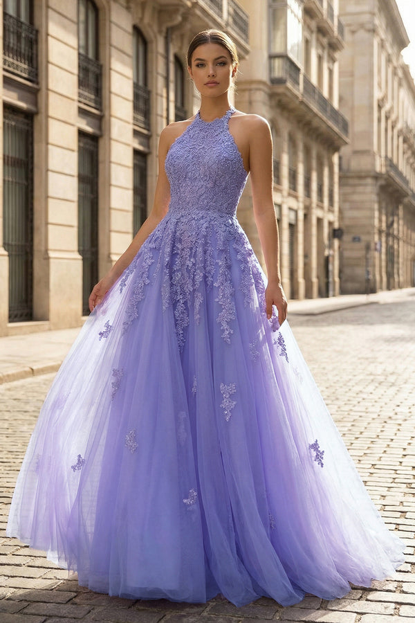 KissProm-Lilac Princess Halter Long/Floor-Length Lace Tulle Prom Dress With Appliqued Beading
