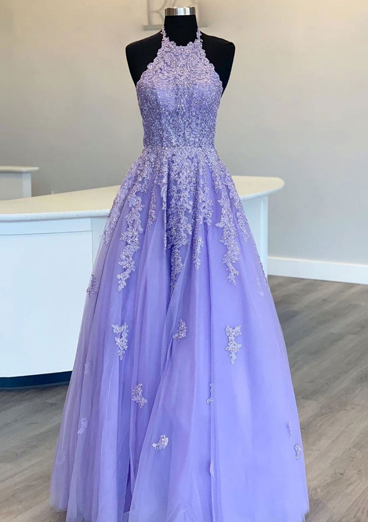 Arleth | Princess Halter Long/Floor-Length Lace Tulle Prom Dress With Appliqued Beading