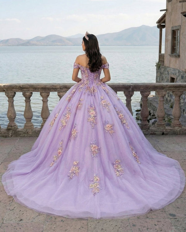 Princess Off the Shoulder Appliques Chapel Train Quinceanera Dresses - KissProm
