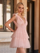 Lennon | Blush Tulle A-Line Homecoming Dress with Pearls