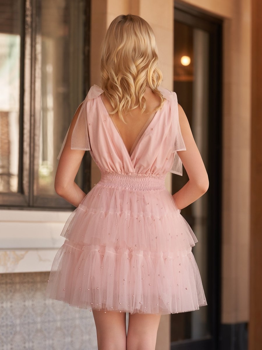 Lennon | Blush Tulle A-Line Homecoming Dress with Pearls