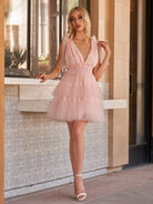 Lennon | Blush Tulle A-Line Homecoming Dress with Pearls