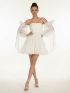 Ronnie | A - Line Puff Long Sleeves Short Wedding Dresses With Bows - KissProm