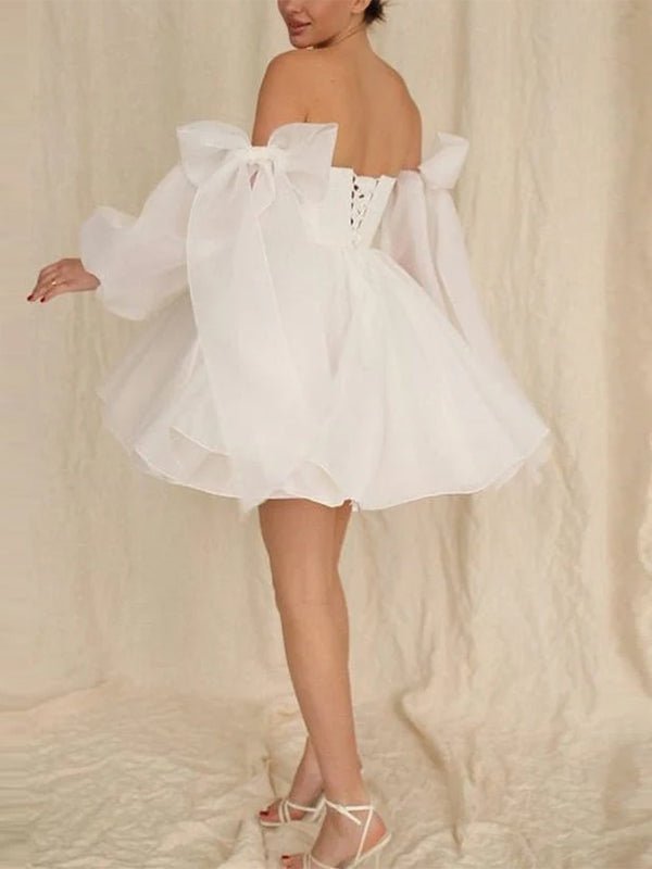 Ronnie | A - Line Puff Long Sleeves Short Wedding Dresses With Bows - KissProm