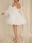 Ronnie | A - Line Puff Long Sleeves Short Wedding Dresses With Bows - KissProm