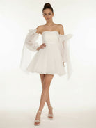 Ronnie | A - Line Puff Long Sleeves Short Wedding Dresses With Bows - KissProm