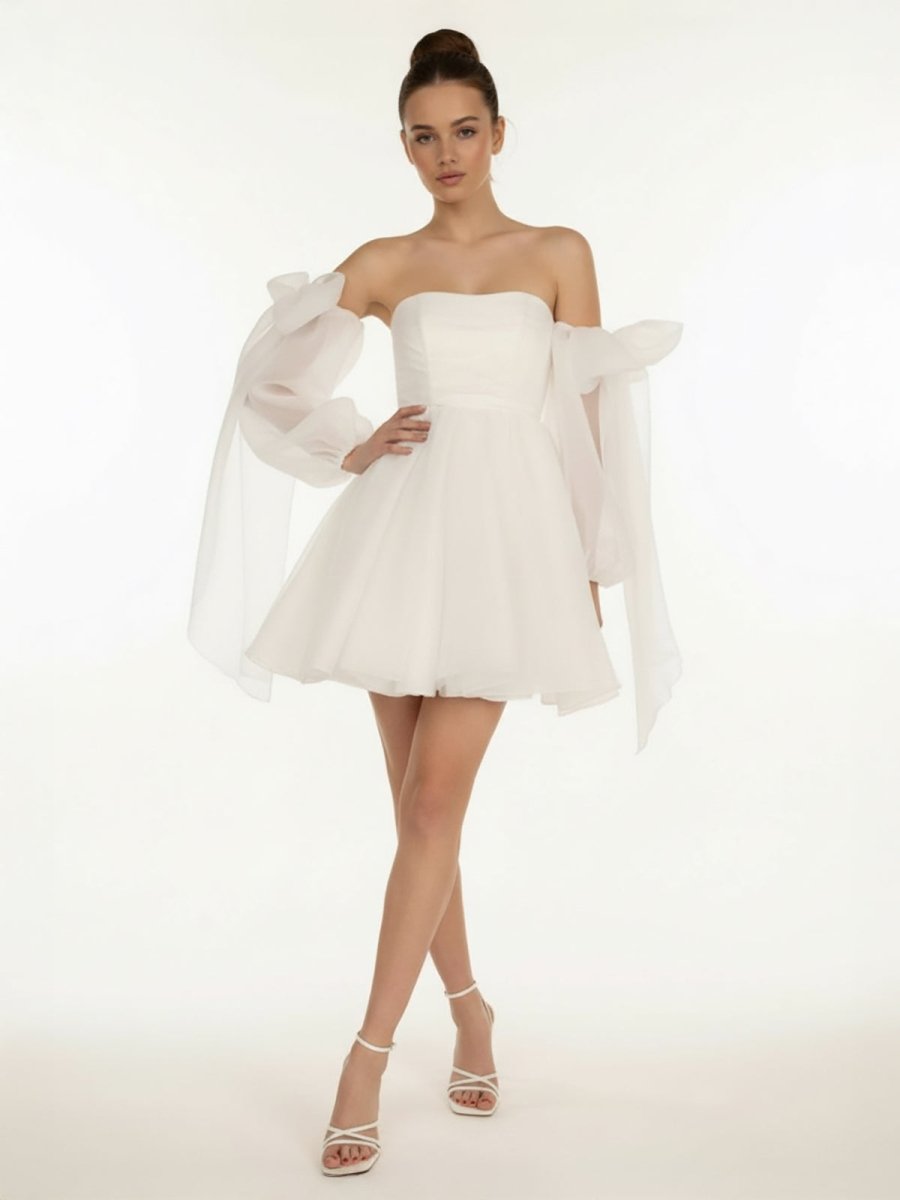 Ronnie | A - Line Puff Long Sleeves Short Wedding Dresses With Bows - KissProm