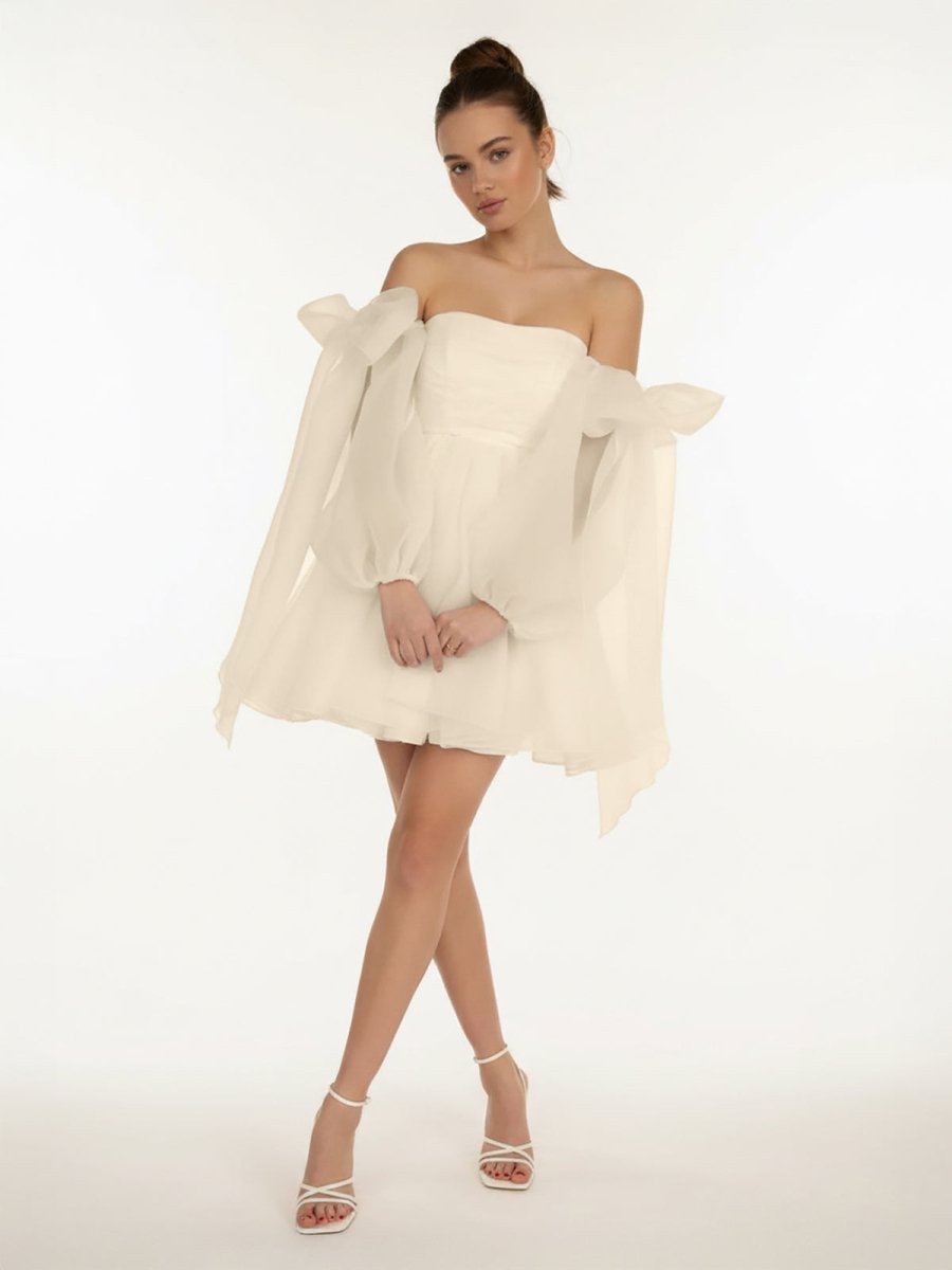 Ronnie | A - Line Puff Long Sleeves Short Wedding Dresses With Bows - KissProm