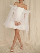 Ronnie | A - Line Puff Long Sleeves Short Wedding Dresses With Bows - KissProm