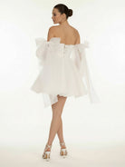 Ronnie | A - Line Puff Long Sleeves Short Wedding Dresses With Bows - KissProm