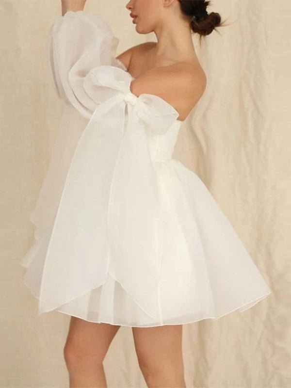Ronnie | A - Line Puff Long Sleeves Short Wedding Dresses With Bows - KissProm