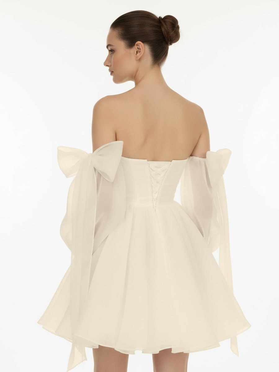 A-Line Puff Long Sleeves Short Wedding Dresses with Bows, Diamond White / 18