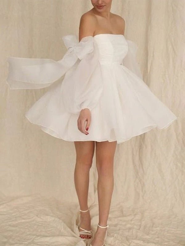 Ronnie | A - Line Puff Long Sleeves Short Wedding Dresses With Bows - KissProm
