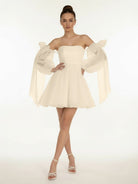 Ronnie | A - Line Puff Long Sleeves Short Wedding Dresses With Bows - KissProm