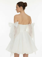 Ronnie | A - Line Puff Long Sleeves Short Wedding Dresses With Bows - KissProm