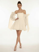 Ronnie | A - Line Puff Long Sleeves Short Wedding Dresses With Bows - KissProm
