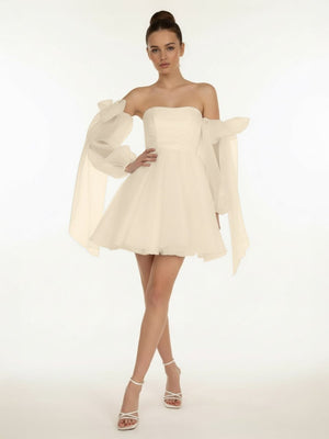 Ronnie | A - Line Puff Long Sleeves Short Wedding Dresses With Bows - KissProm