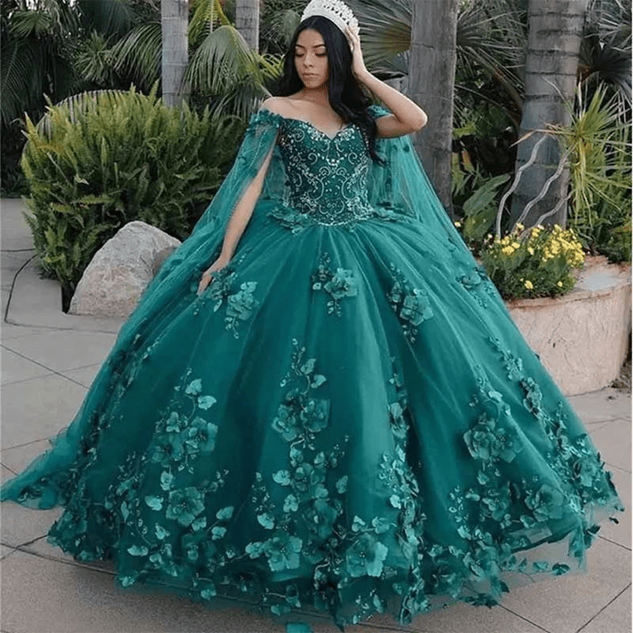 Alethea | Dark Green Organza Off-the-Shoulder Ball Gown Quinceanera Dress