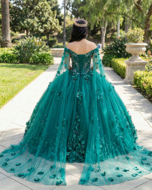 Dark Green Organza Off-the-Shoulder Ball Gown Quinceanera Dress Dark Green / 10