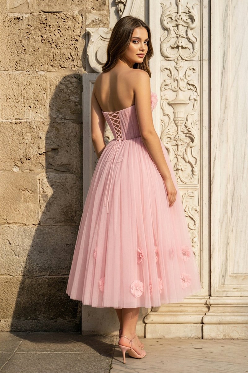 Princess Strapless Light Pink Prom Dress with Flowers, Pink / 0 Princess Strapless Light Pink Prom Dress with Flowers, Pink / 0