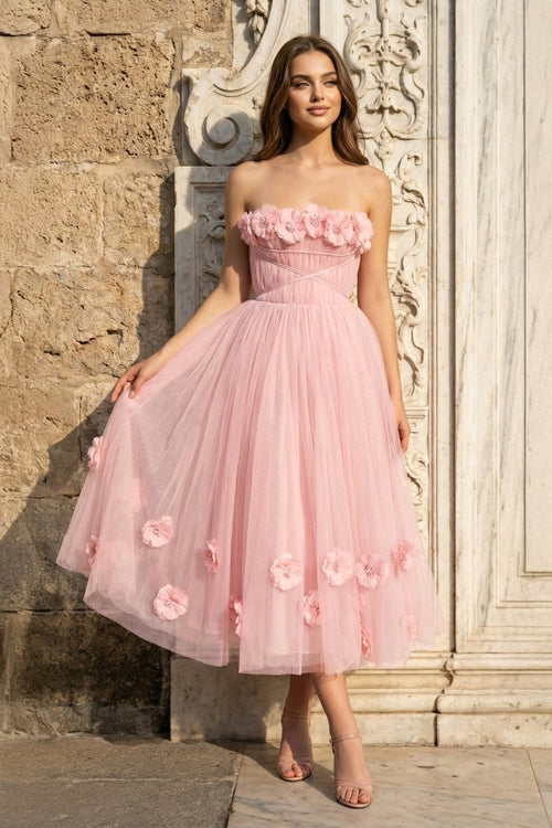 Princess Strapless Light Pink Prom Dress with Flowers - KissProm