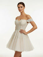 Bellarose | Lace White Appliques A - Line Short Wedding Dress - KissProm