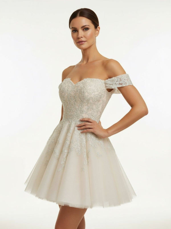 Bellarose | Lace White Appliques A - Line Short Wedding Dress - KissProm
