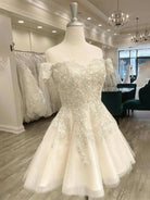 Bellarose | Lace White Appliques A - Line Short Wedding Dress - KissProm