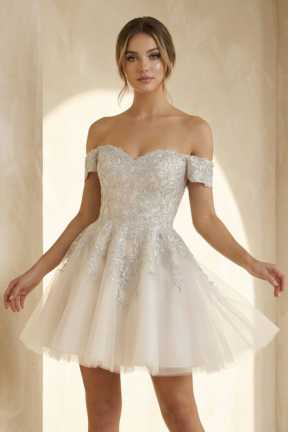 Bellarose | Lace White Appliques A - Line Short Wedding Dress – Wedding Dresses by KissProm | Available at KissProm