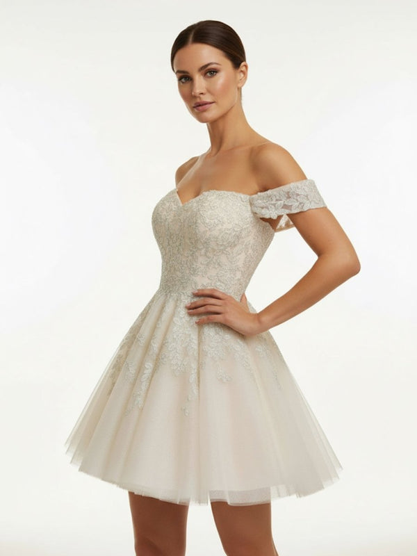 Bellarose | Lace White Appliques A - Line Short Wedding Dress - KissProm