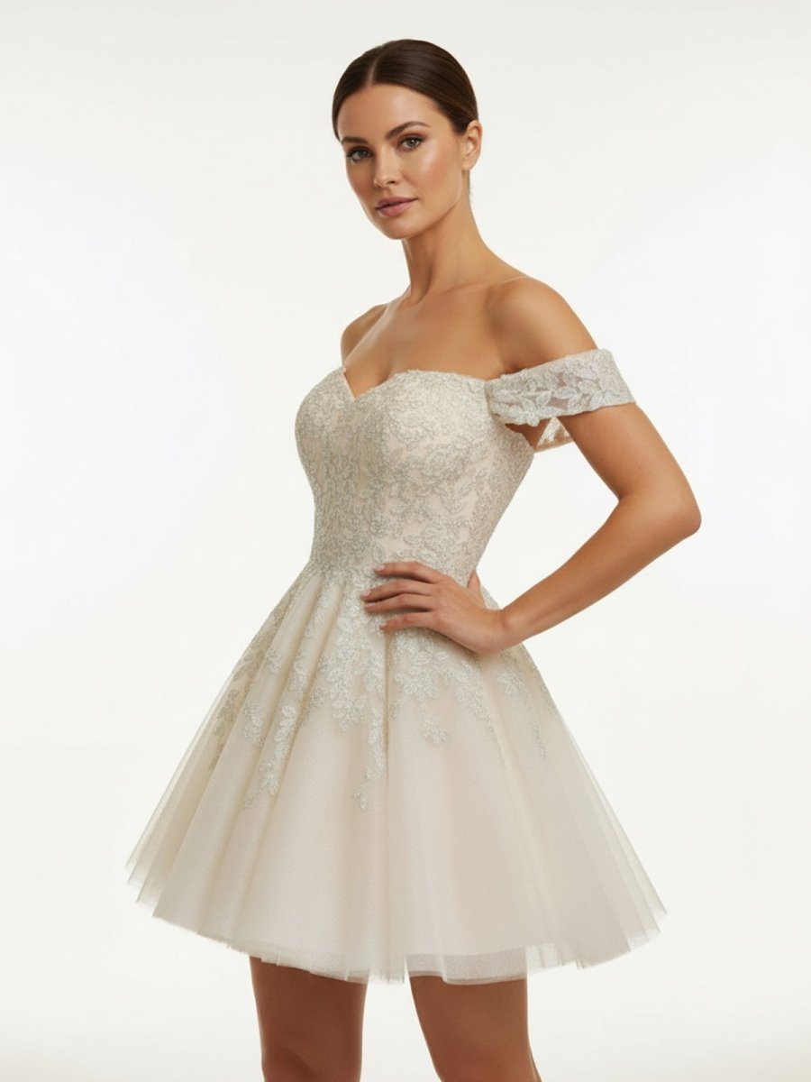 Bellarose | Lace White Appliques A - Line Short Wedding Dress - KissProm