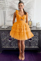 Devyn | Princess Yellow One Shoulder Knotted Ruffle Short Party Dress