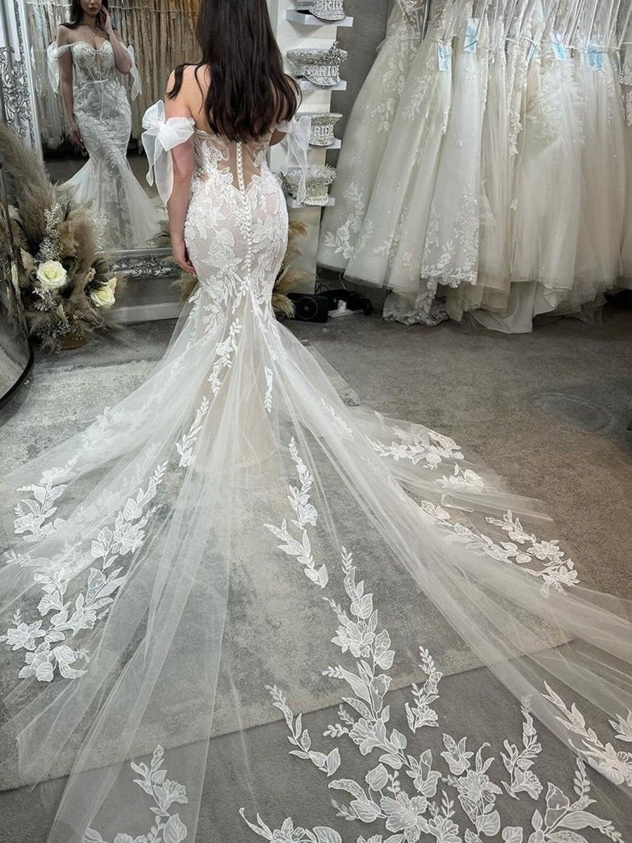 Princess Mermaid Off the Shoulder Lace Appliques Wedding Dresses - KissProm