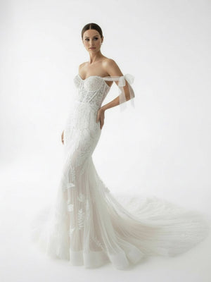 Princess Mermaid Off The Shoulder Lace Appliques Wedding Dresses White-Nude / 18