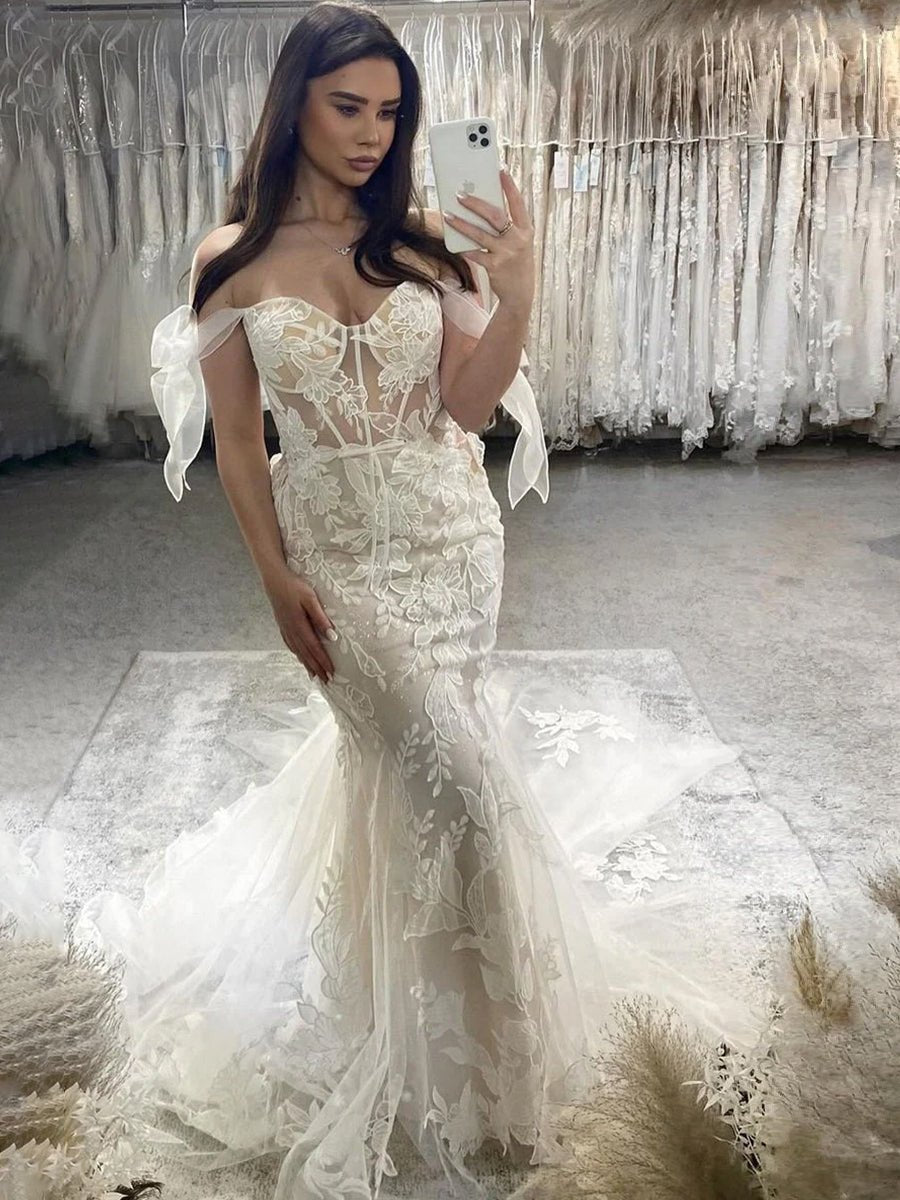 Princess Mermaid Off the Shoulder Lace Appliques Wedding Dresses - KissProm