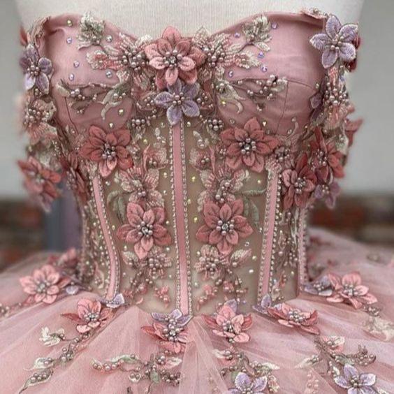 Enza | Pink Tulle Appliques Strapless Quinceanera Dresses