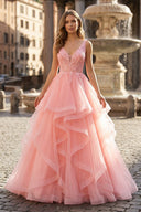 A-Line Prom Dresses Princess Dress Formal Floor Length Sleeveless V Neck Tulle Backless with Pleats Appliques