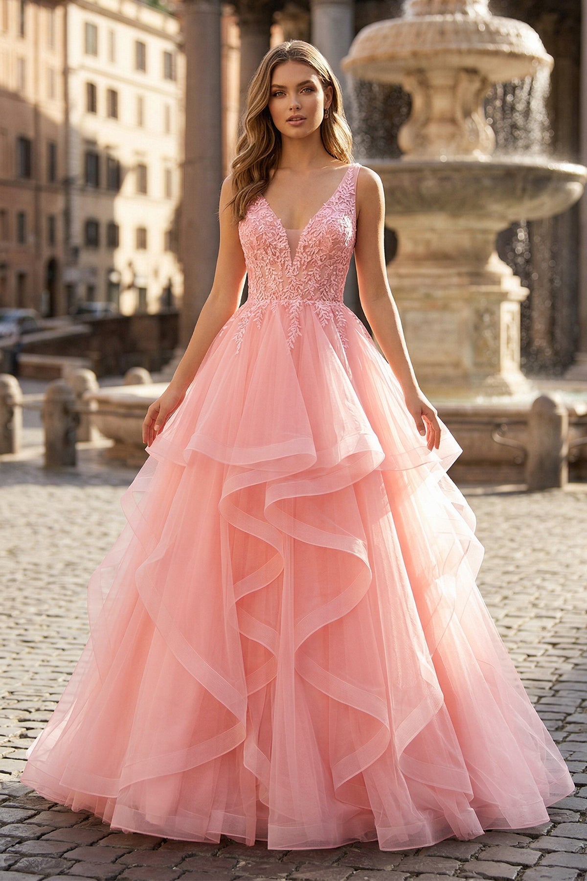 A-Line Prom Dresses Princess Dress Formal Floor Length Sleeveless V Neck Tulle Backless with Pleats Appliques