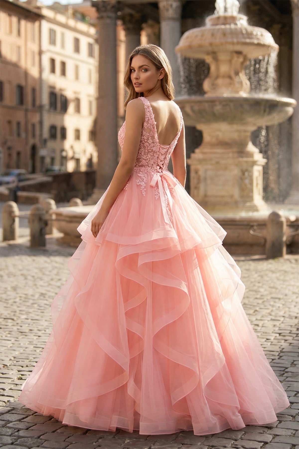 a line princess dresses A-Line Prom Dress Formal Floor Length Sleeveless V Neck Tulle Backless with Pleats Appliques Coral Pink / 0 E-8 Master Sergeant this sleeveless masterpiece in Men's Work & Business Size:2/3