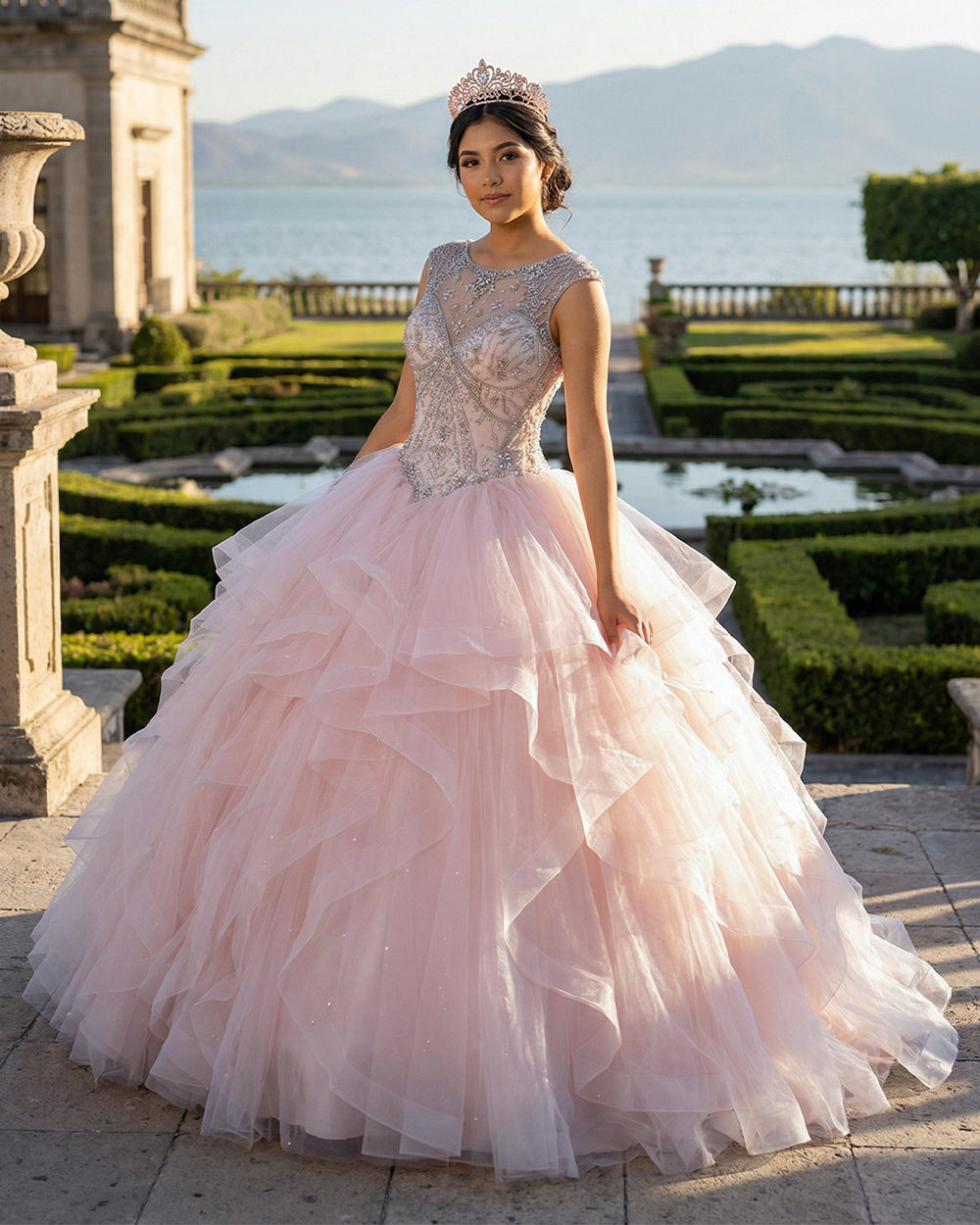 KissProm- Ball Gown See Through Neck Tulle Blush Pink Quinceanera Dresses