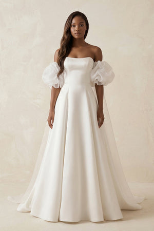 Puff Sleeves Off - the - Shoulder Satin A - Line Wedding Dress in White - KissProm Wedding Dresses