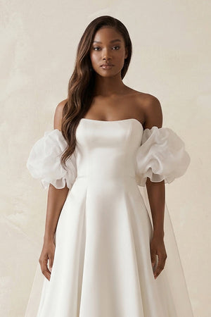 Puff Sleeves Off - the - Shoulder Satin A - Line Wedding Dress in White - KissProm Wedding Dresses
